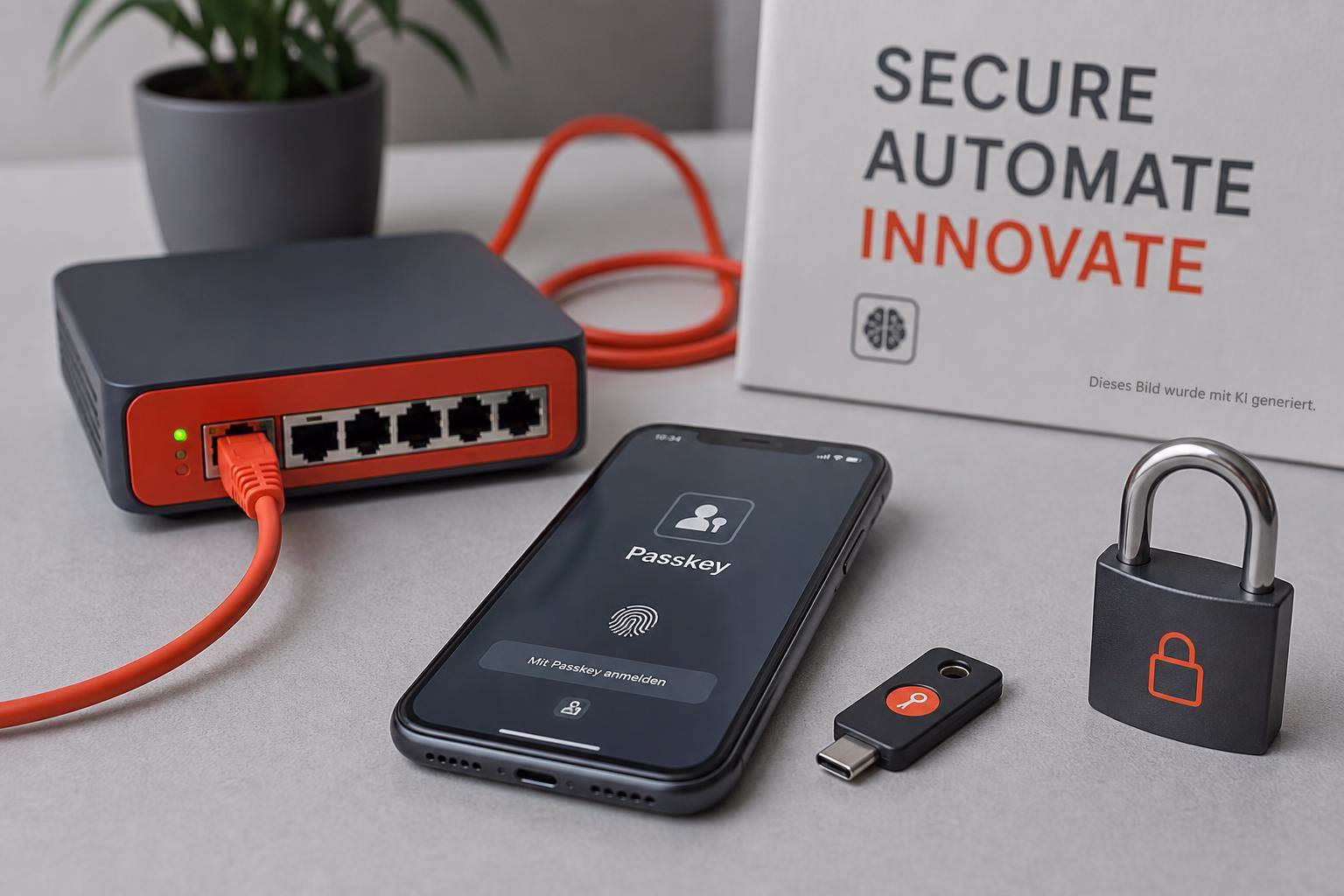 Netzwerkgerät mit LAN-Ports, Smartphone mit „Passkey“-Anzeige und entsperrbarem Schlüsselanhänger, Symbolik für sichere, automatische Anmeldung.