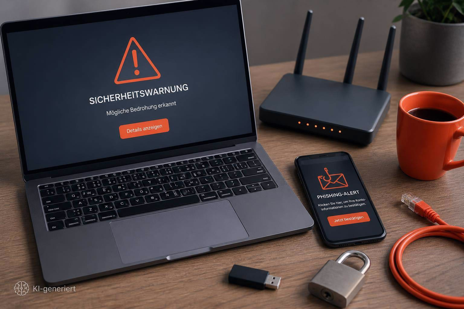 bild-kdb-techupdate Laptop und Smartphone zeigen eine Sicherheitswarnung vor Phishing; daneben liegen LAN-Kabel, USB-Stick und Schloss als Hinweis auf Schutzbedarf.
