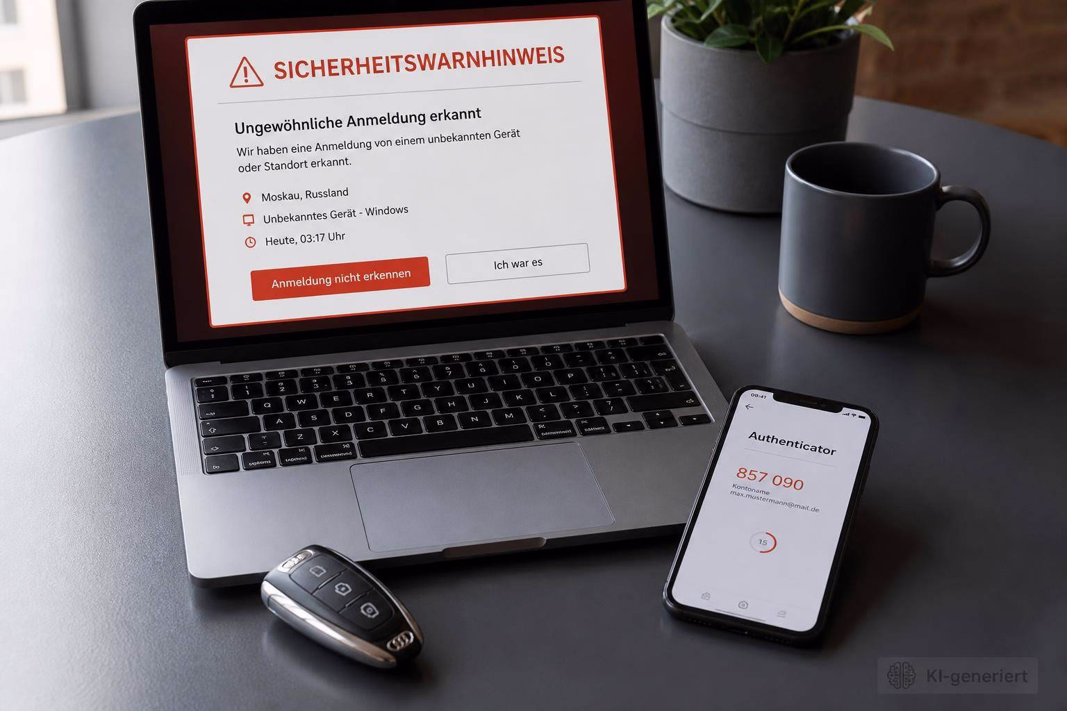 bild-kdb-techupdate Laptop zeigt Sicherheitswarnhinweis über ungewöhnliche Anmeldung; daneben Smartphone mit Authenticator, sowie Tasse, Maus und Pflanzenhintergrund.