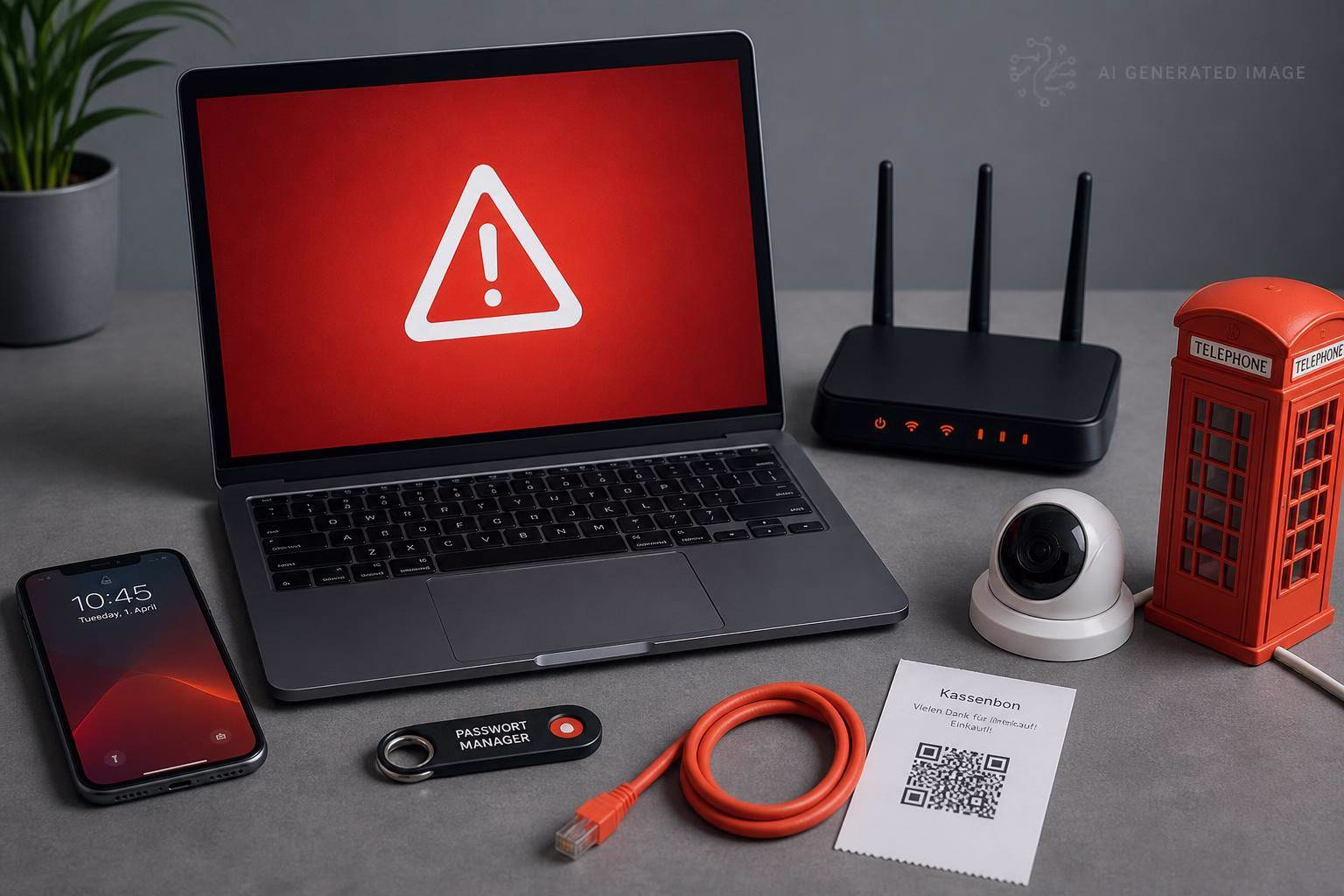 Laptop mit rotem Warnsymbol, daneben Router, Smartphone, Überwachungskamera, Tablet-Kabel und QR-Code auf einem Hinweisblatt.
