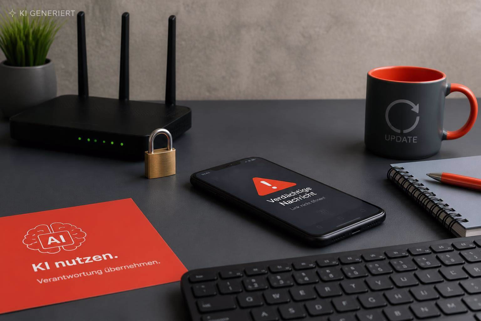 Tisch mit Router, geöffnetem Schloss, Smartphone und Tasse „Update“; Symbolik für gesichertes KI-Update und vernetzte Technik.