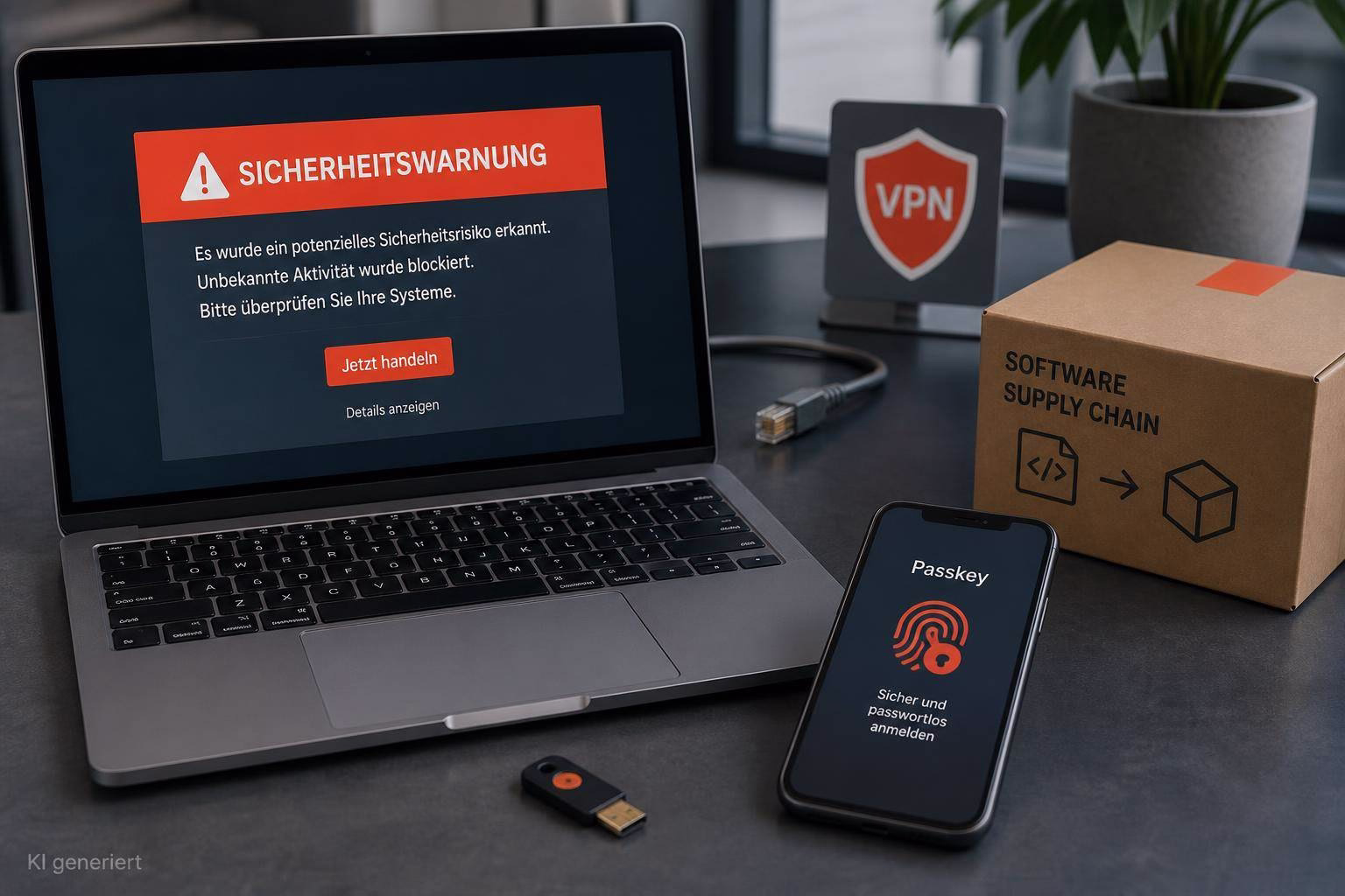 bild-kdb-techupdate Laptop zeigt Sicherheitswarnung, daneben Smartphone mit Passkey-Symbol und Warnhinweis, im Hintergrund Paket „Software Supply Chain“ als Risikokontext.