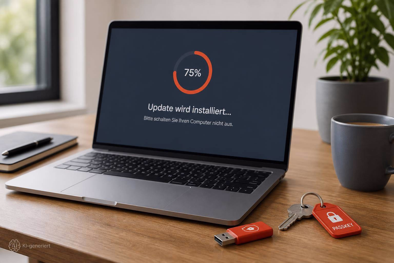 bild-kdb-techupdate Laptop mit Ladebalken 75% zeigt „Update wird installiert…“, daneben USB-Sticks und Schlüssel auf dem Tisch, als Hinweis auf laufende Aktualisierung.