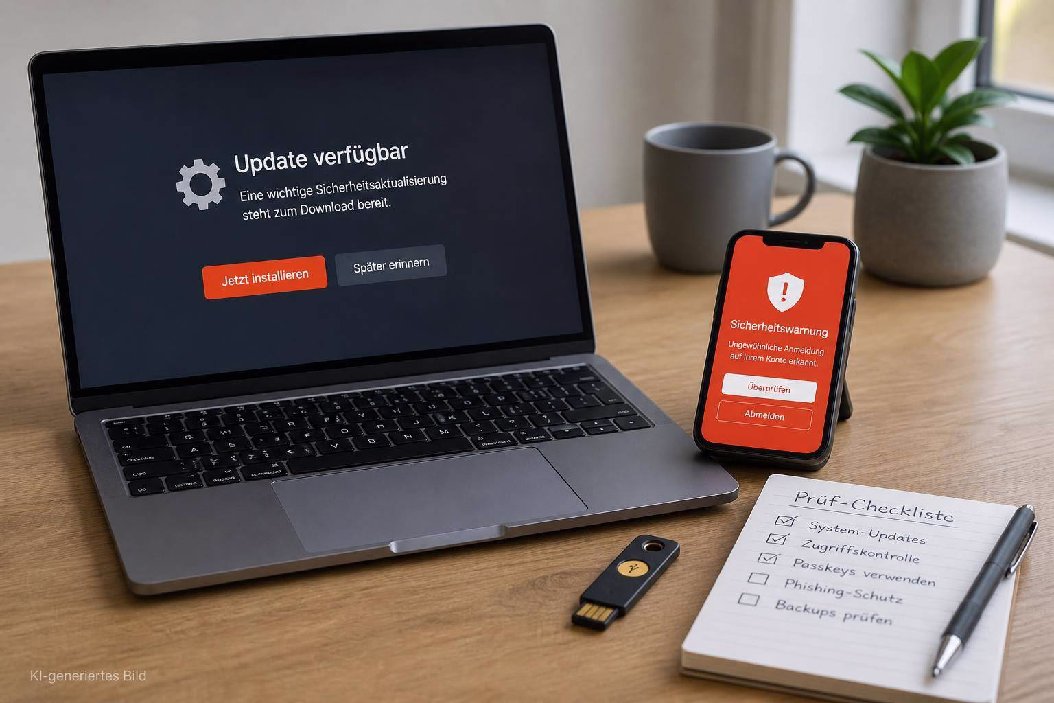 bild-kdb-techupdate Laptop zeigt „Update verfügbar“, daneben Smartphone mit Sicherheitswarnung; Checkliste auf dem Tisch und USB-Stick deuten auf Systemprüfung hin.