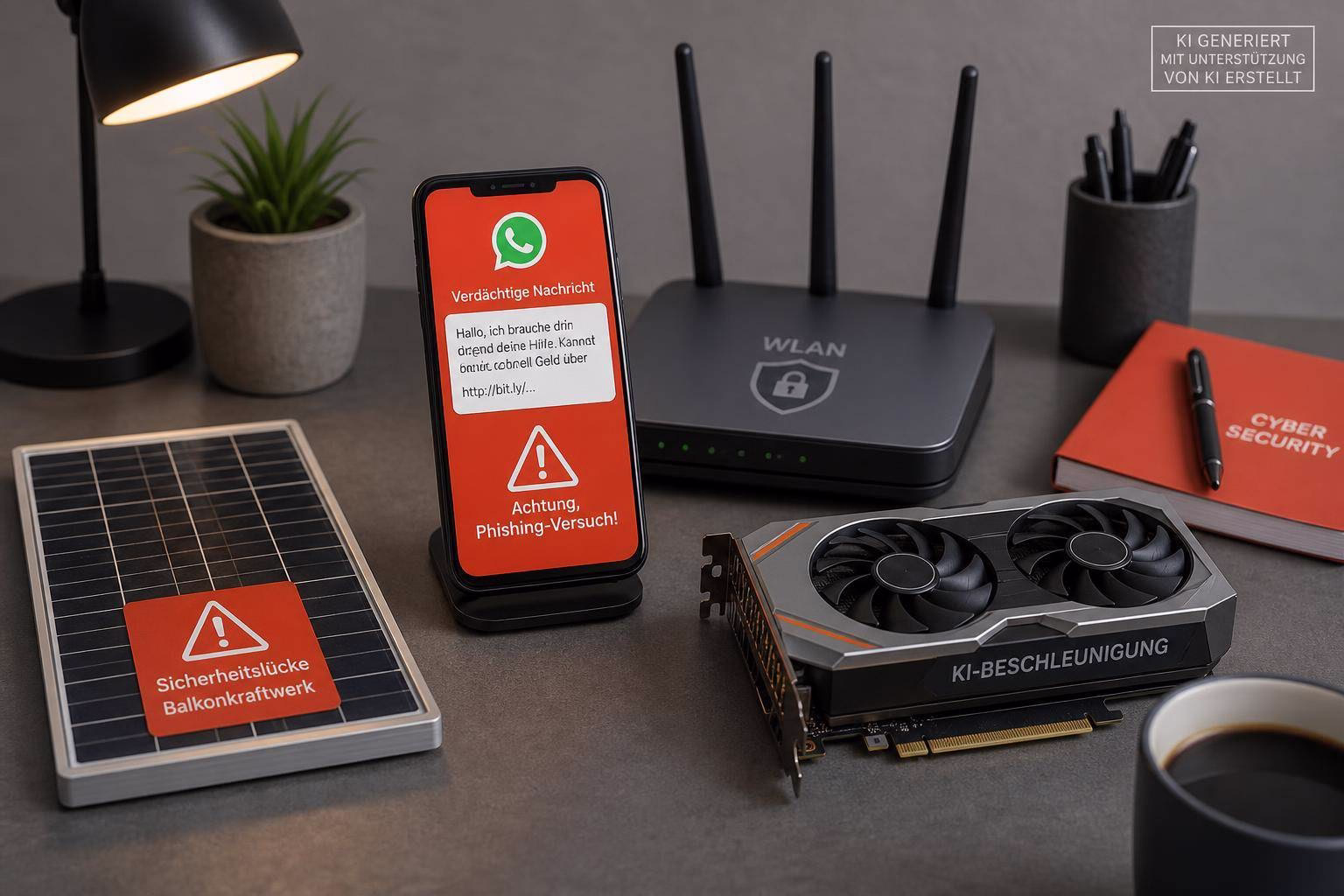 bild-kdb-techupdate Handy zeigt Warnmeldung und Phishing-Hinweis, daneben Router und KI-Grafikkarte; Solar-Panel mit Sicherheitshinweis zur Technikaufklärung.