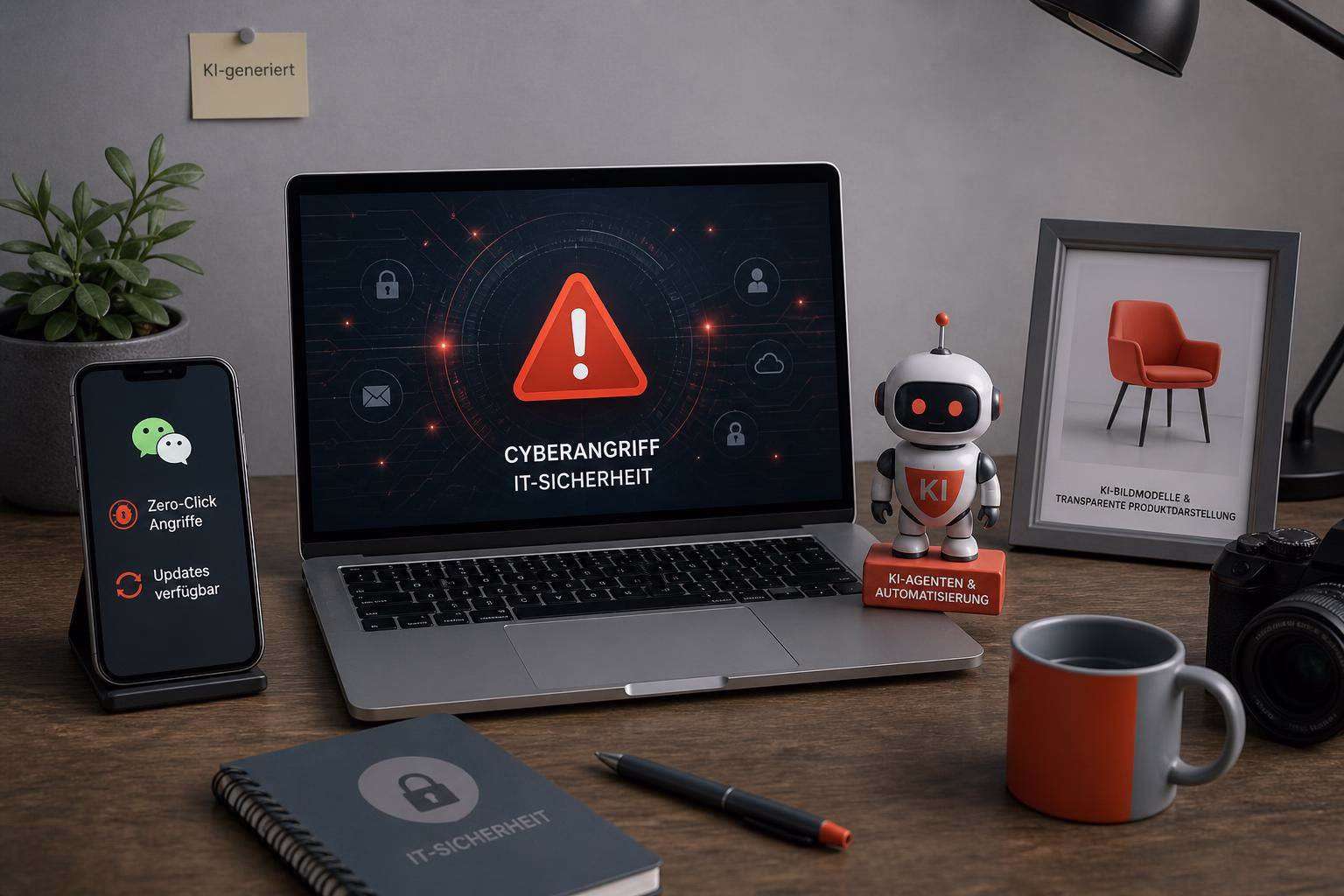 Laptop zeigt Warnsymbol und Text „Cyberangriff/IT-Sicherheit“; daneben Roboter und Smartphone mit Sicherheits-Hinweisen, um Cybergefahr zu verdeutlichen.