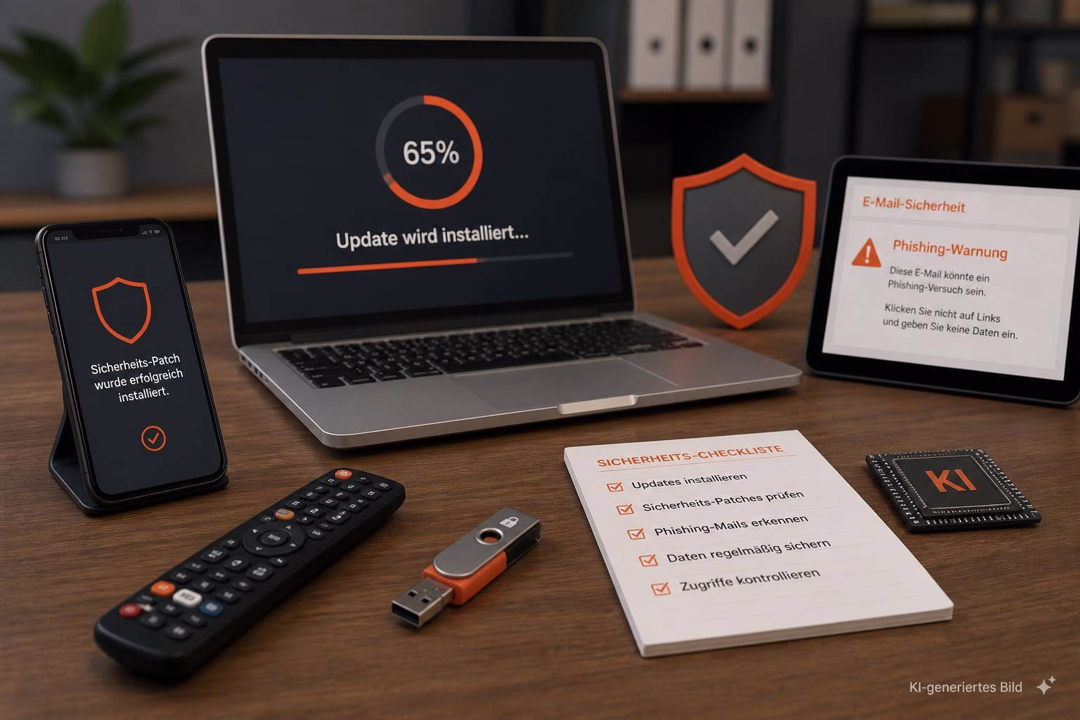 bild-kdb-techupdate Laptop zeigt Update-Installation (65%), daneben Sicherheits- und Phishing-Warnsymbol sowie Checkliste zur Systemabsicherung und Datenpflege.