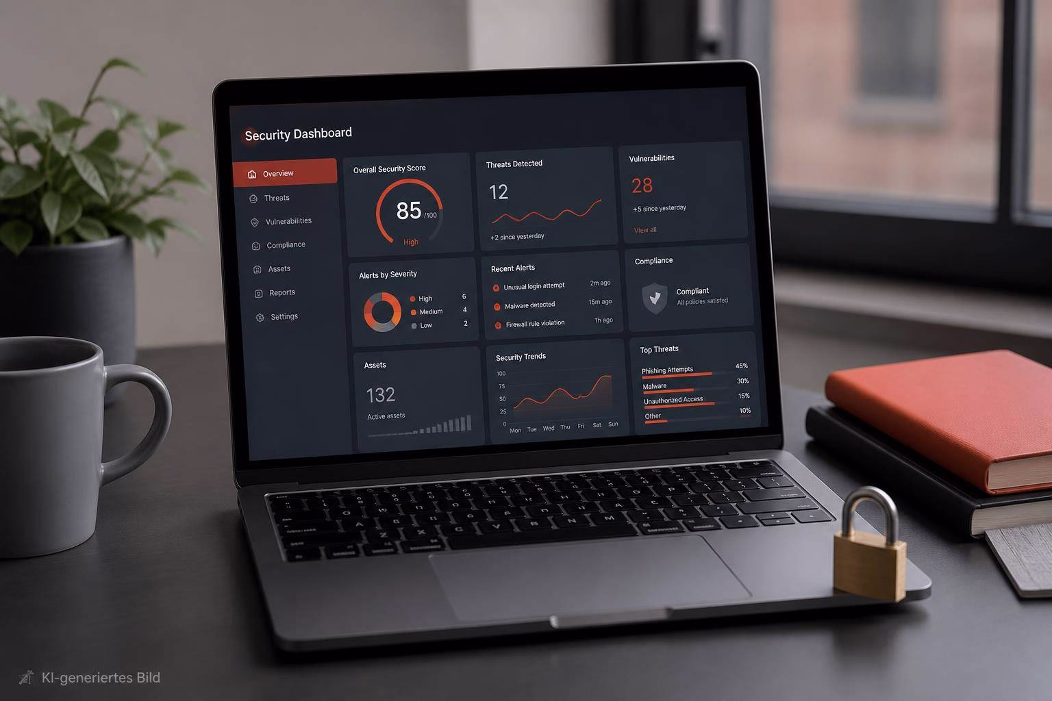Laptop zeigt Security-Dashboard mit Kennzahlen zu Bedrohungen, Schwachstellen und Compliance; dient zur schnellen Systemüberwachung und Analyse.