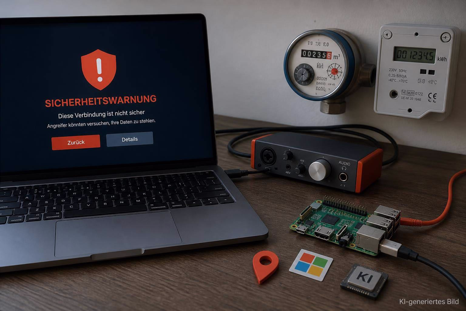 bild-kdb-techupdate Laptop mit Sicherheitswarnung, daneben Messgerät und Computerbauteile auf Tisch; Hinweis auf unsichere Verbindung und Datendiebstahl-Risiko.