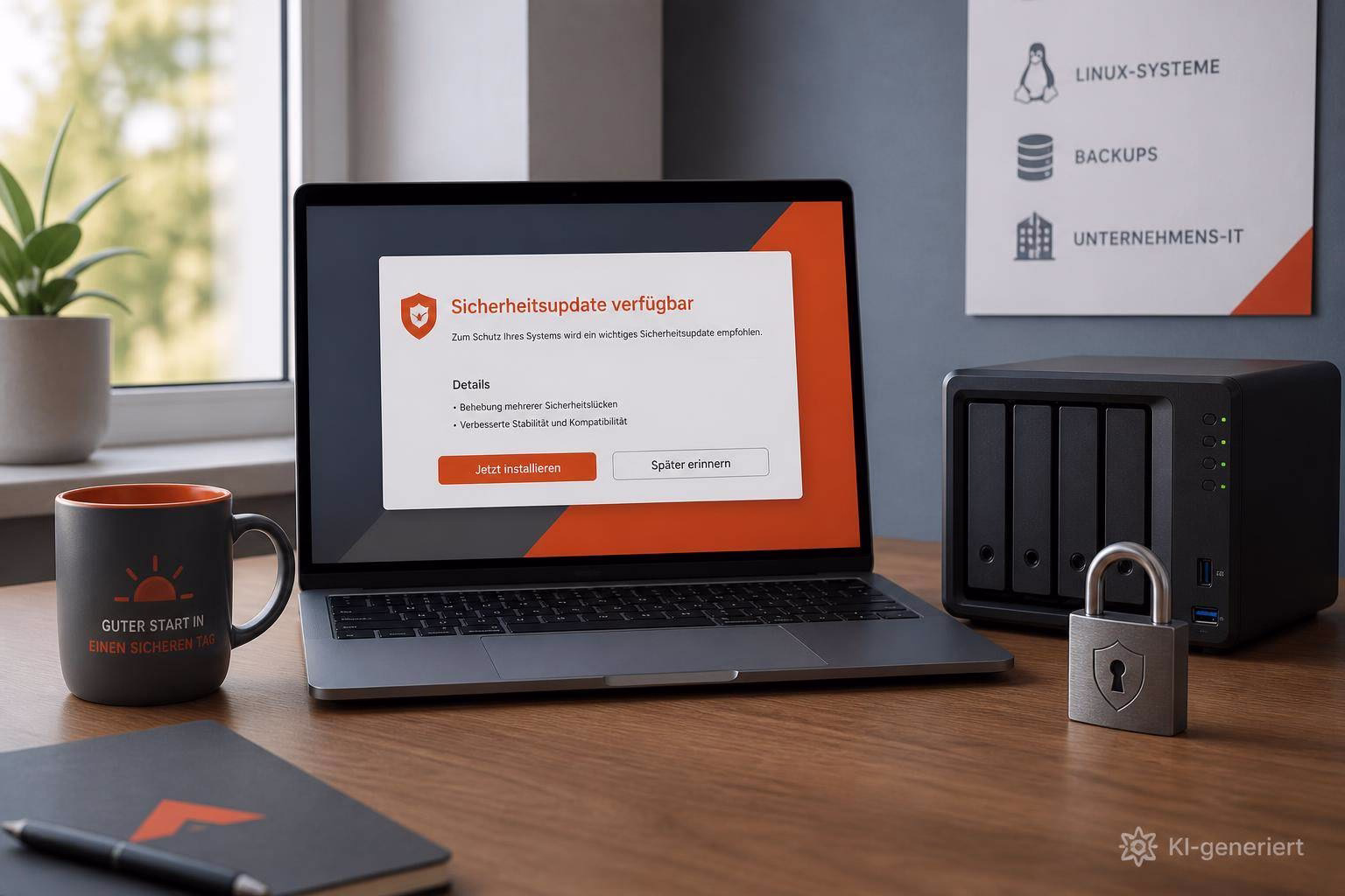 Laptop zeigt Sicherheitsupdate-Popup; daneben Serversystem, davor Schloss als Symbol für Schutz und sichere Installation.