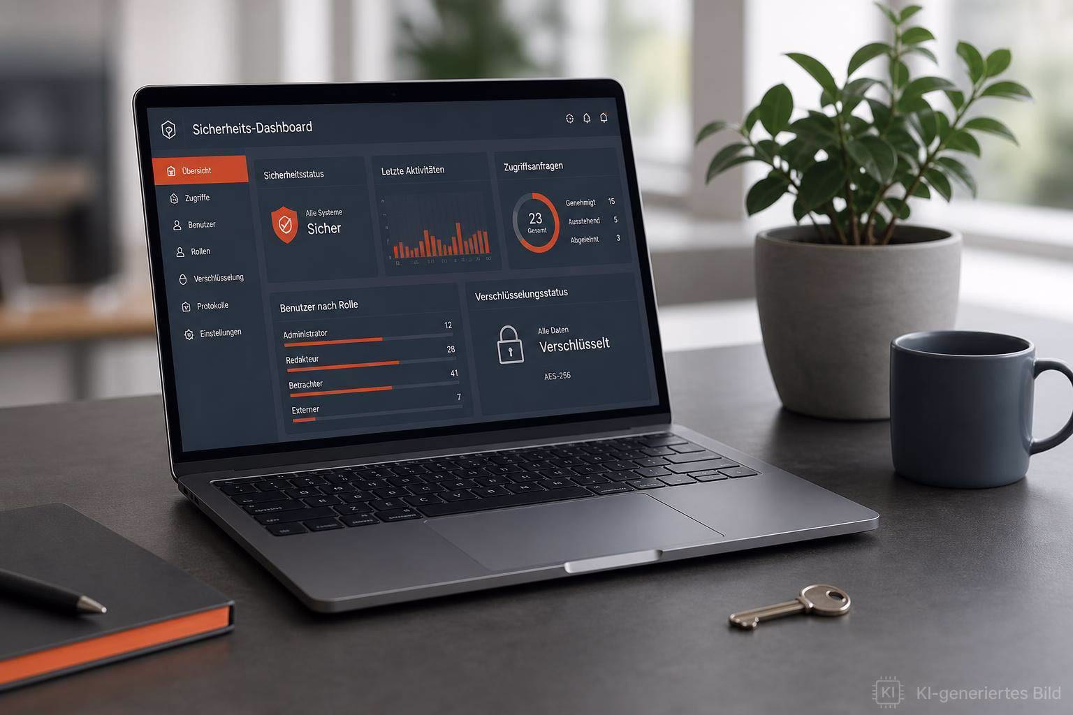 Laptop mit Sicherheits-Dashboard, Status- und Verschlüsselungsanzeige; daneben Schlüssel und Kaffeetasse als Arbeitsplatz-Visualisierung der IT-Sicherheit.
