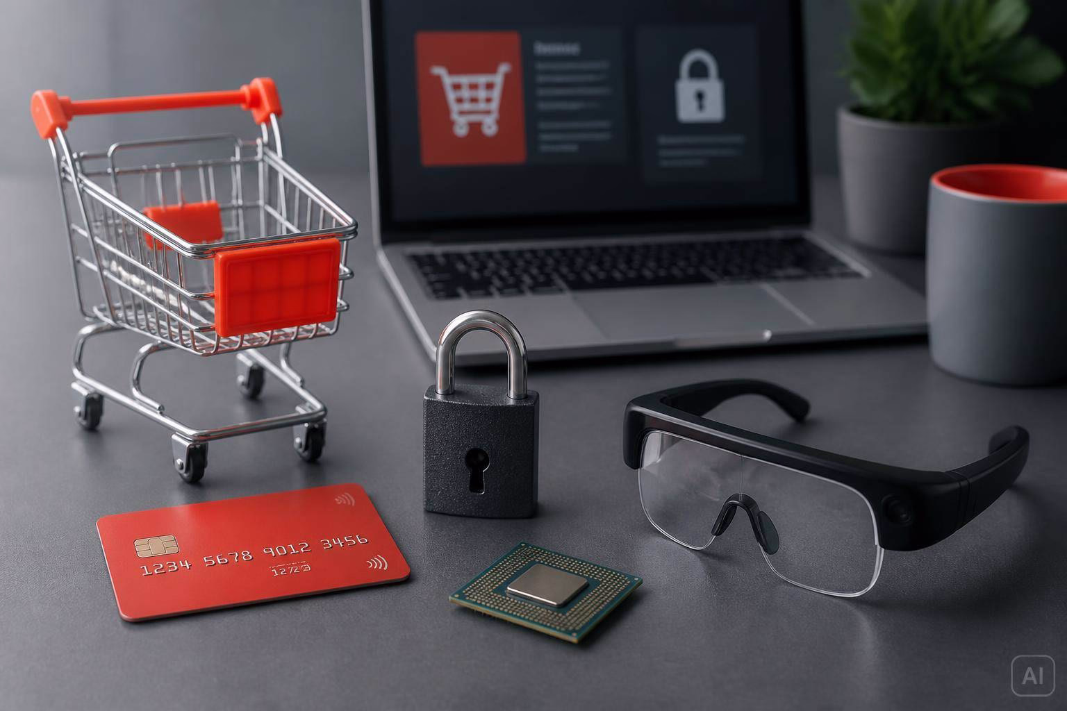 bild-kdb-techupdate Einkaufswagen, Schloss auf Laptopnähe, Kreditkarte mit Funkzeichen, Chip und Schutzbrille verdeutlichen sichere digitale Zahlung und IT-Schutz.