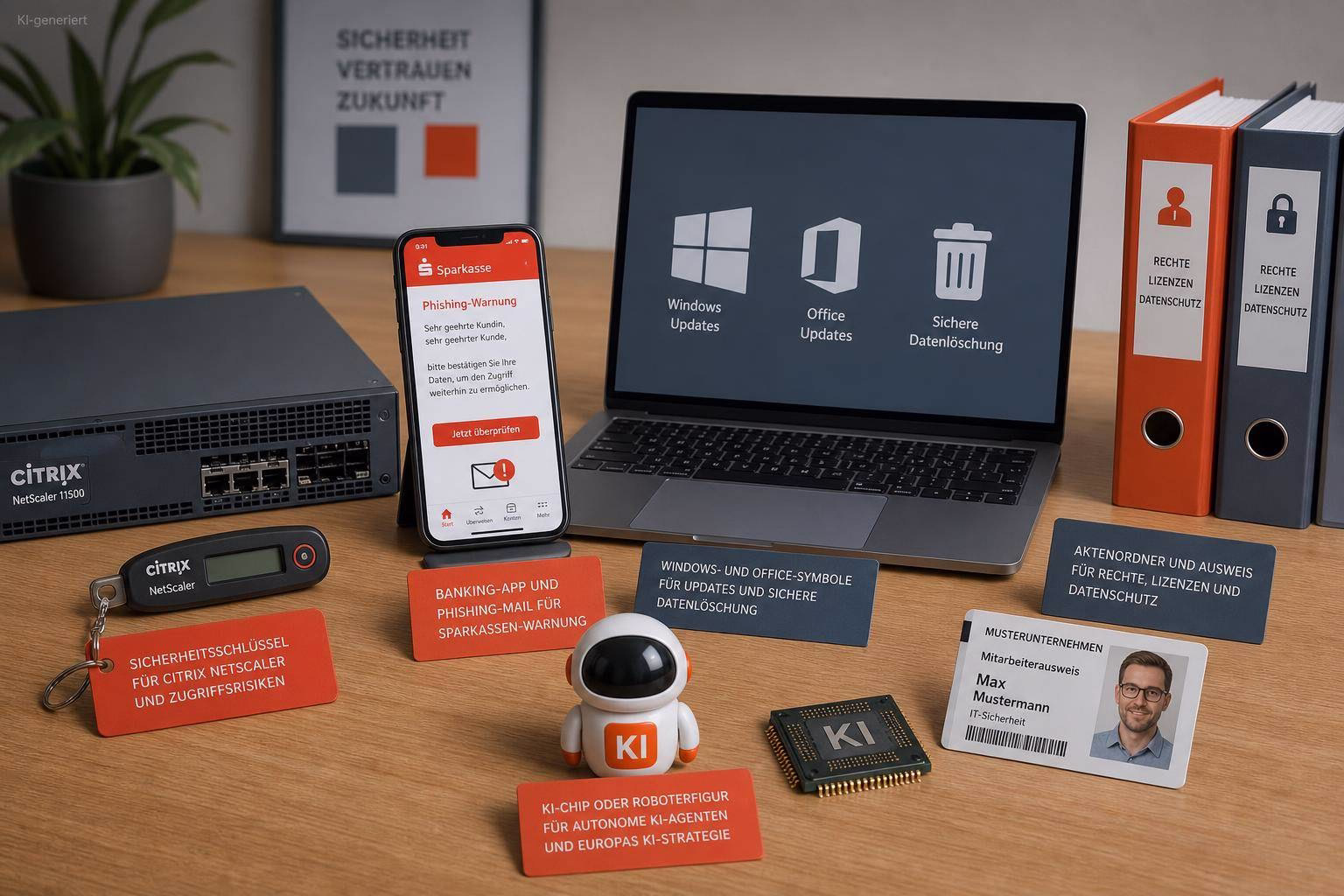 Büro-Setup mit Laptop, Smartphone und Ordnern zur IT-Sicherheit: Phishing-Warnung, Updates und Datenschutzhinweise, plus KI-Roboterfigur.