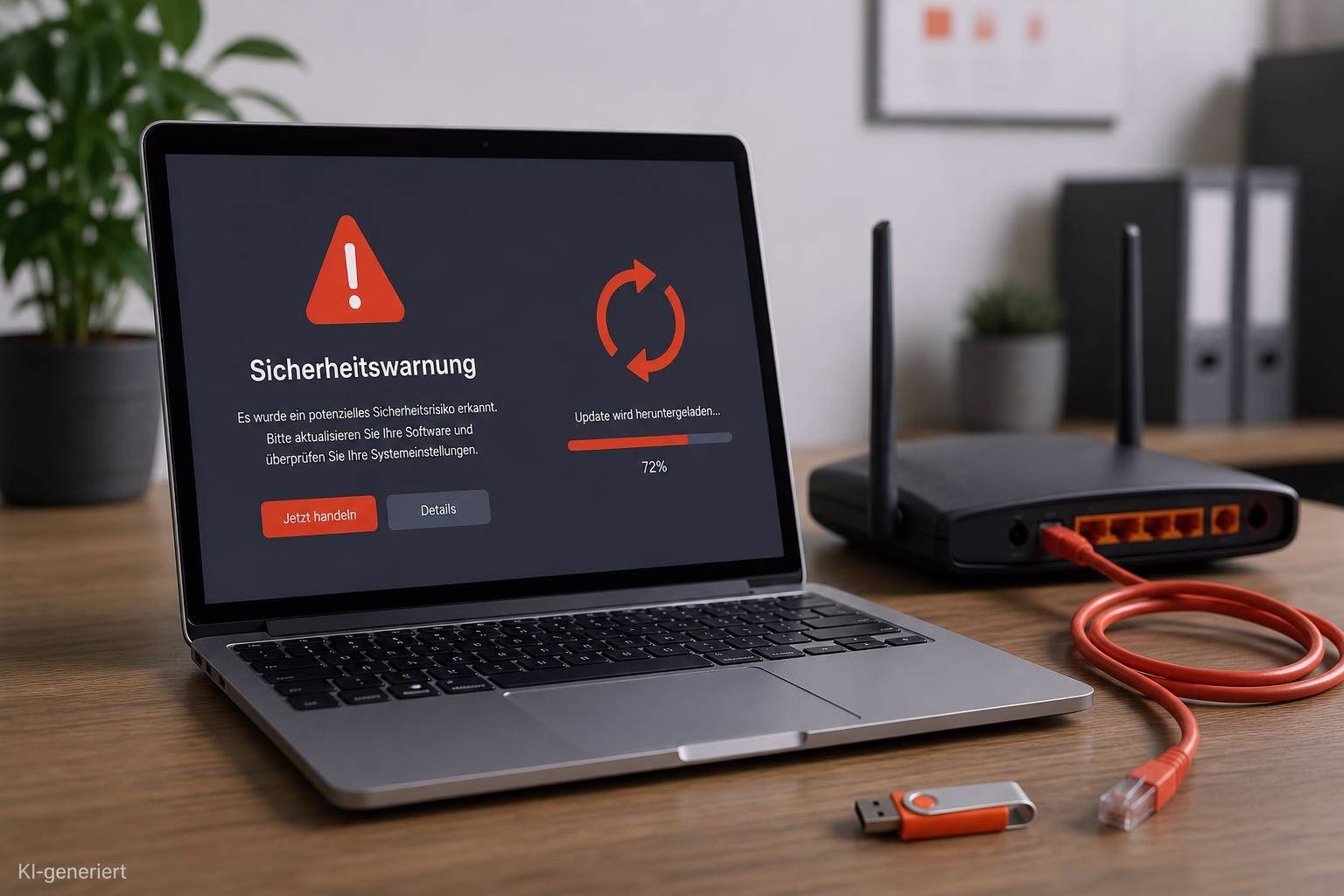 Laptop zeigt Sicherheitswarnung und Update-Ladestatus, während im Hintergrund Router steht; Kabel liegt auf dem Schreibtisch.