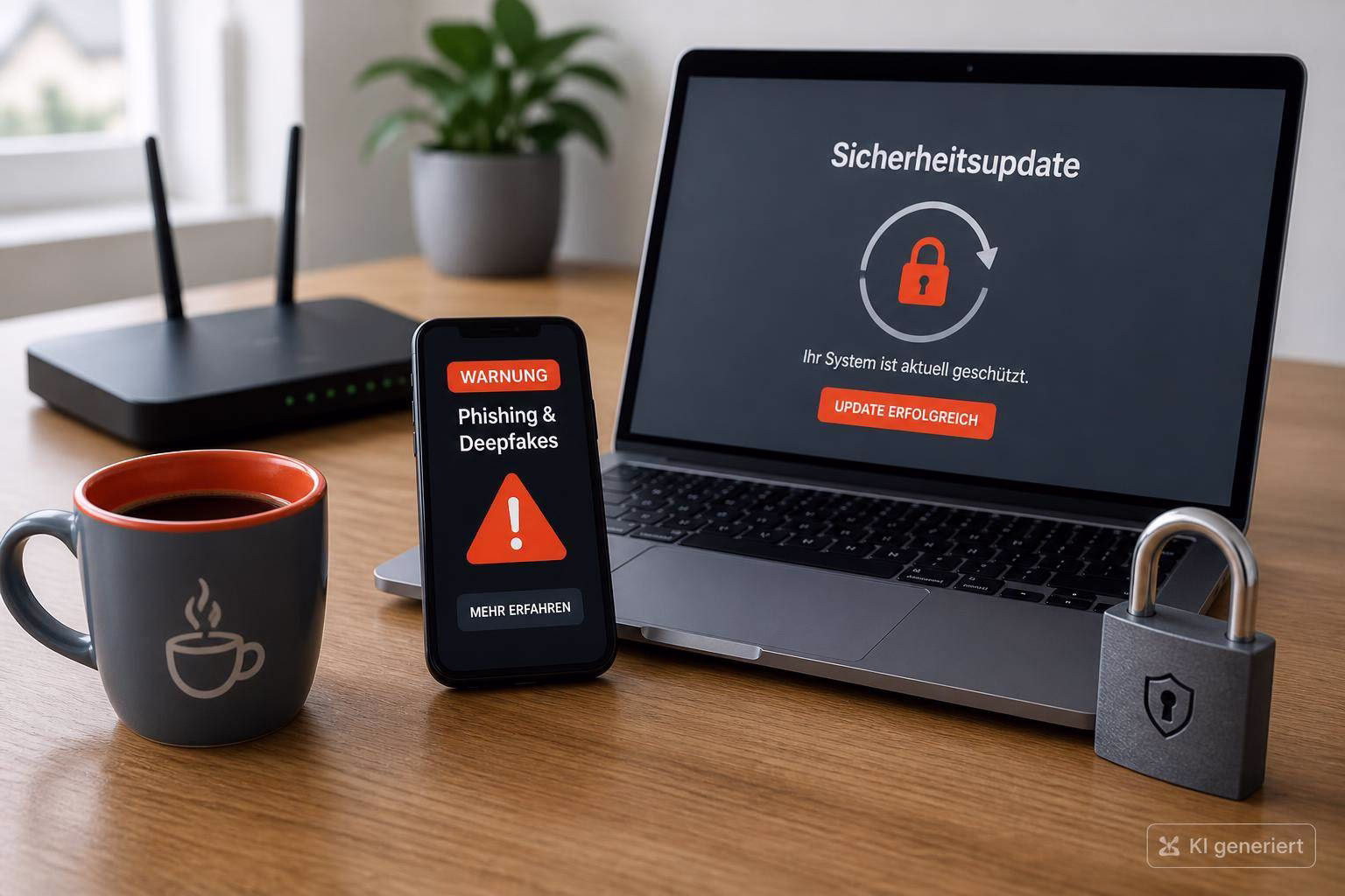Laptop mit geöffnetem Sicherheitsupdate, entsperrtes Symbol und Text; daneben Smartphone mit Warnhinweis, verschlossene Vorhängeschlösser als Schutz.