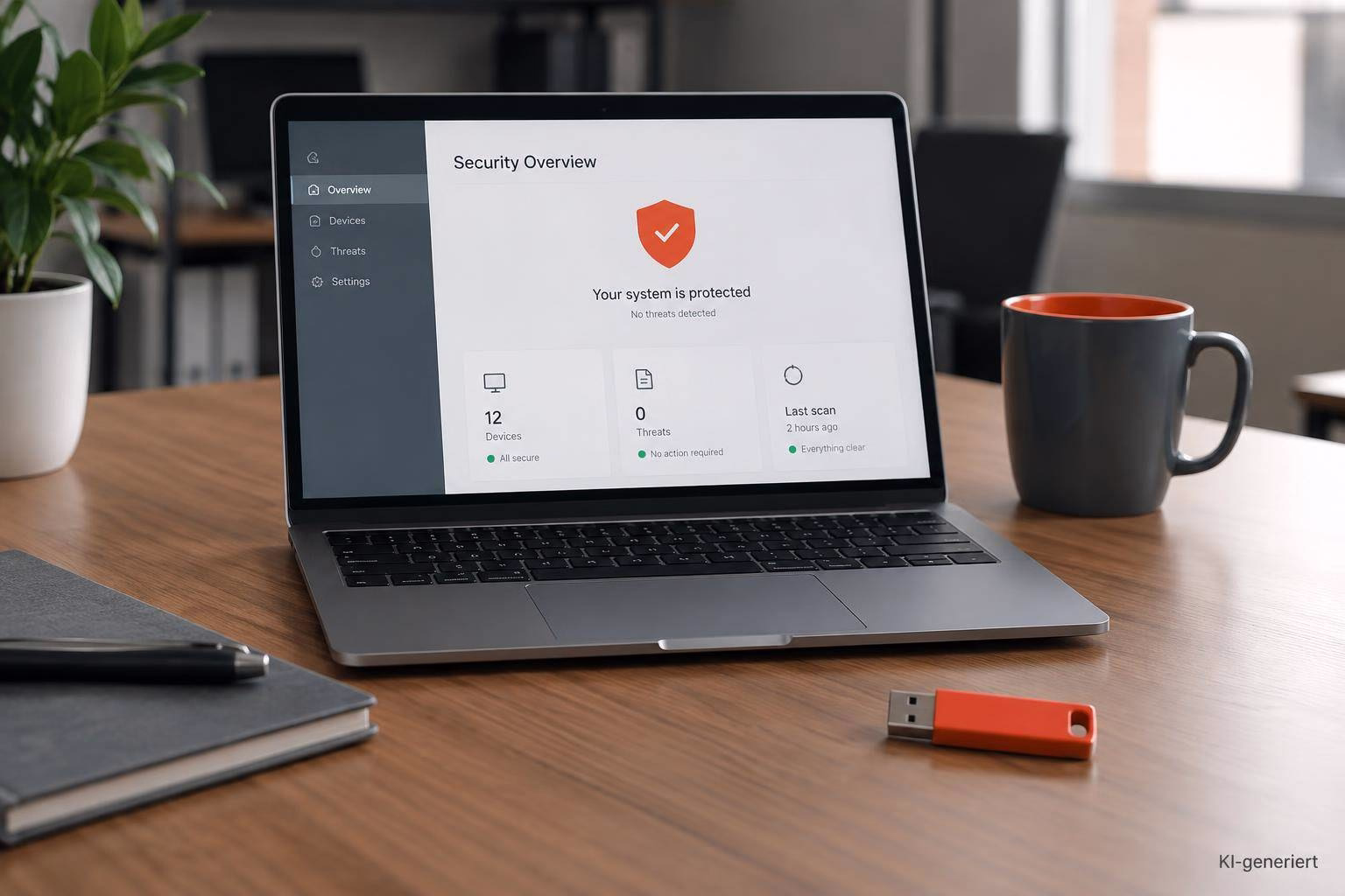 bild-kdb-techupdate Laptop zeigt eine Security-Übersicht mit Schild-Icon und Meldung „keine Bedrohungen erkannt“; daneben Tasse, USB-Stick auf Schreibtisch.