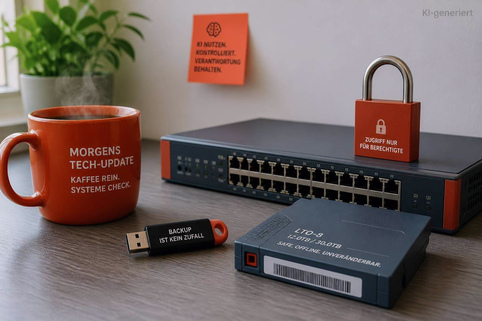 bild-kdb-techupdate Netzwerk-Switch mit vielen Ports, daneben gesperrter Server mit Schloss-Schild; Kaffeetasse, USB-Stick und Hinweis-Plakat im Hintergrund.