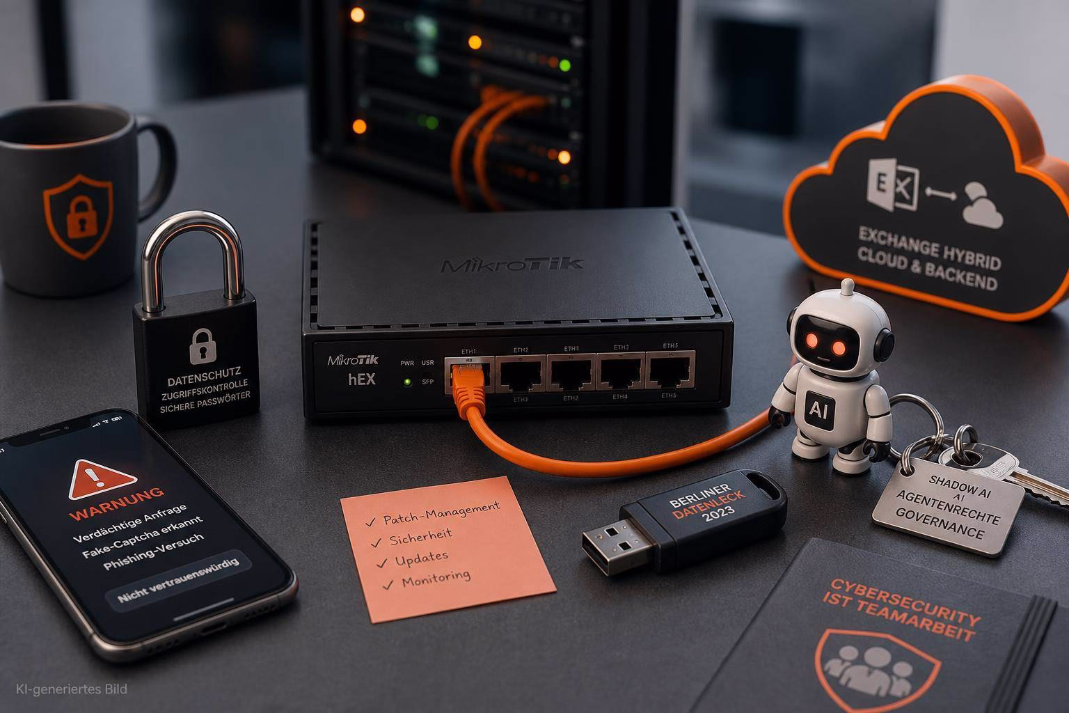 Server-Rack mit Netzwerkports, daneben Schutz- und Warnsymbole, Schlosssymbol und KI-Roboter; deutet auf Cybersecurity und Absicherung hin.