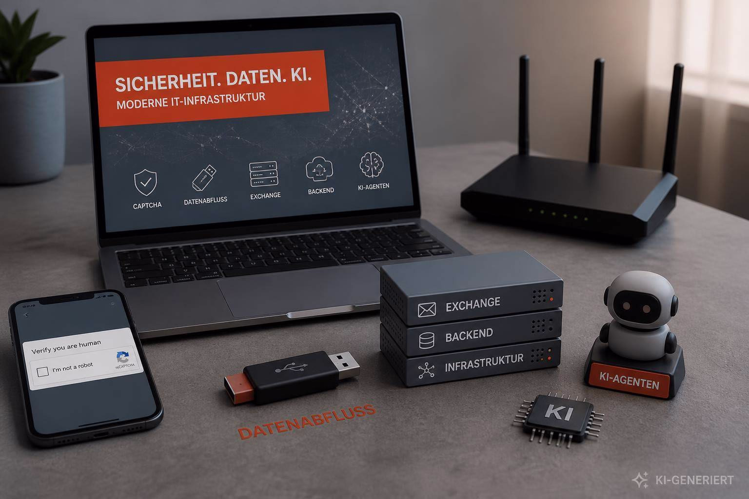 bild-kdb-techupdate Laptop, Netzwerkboxen und KI-Roboter zeigen ein Schema für sichere Datenflüsse: Captcha, Exchange, Backend und Infrastruktur.