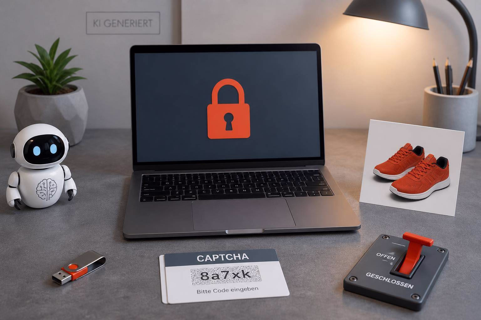 bild-kdb-techupdate Laptop zeigt ein Vorhängeschloss-Symbol und „Captcha“-Code, daneben USB-Stick und Gerätschaften zur Sicherheitsprüfung.