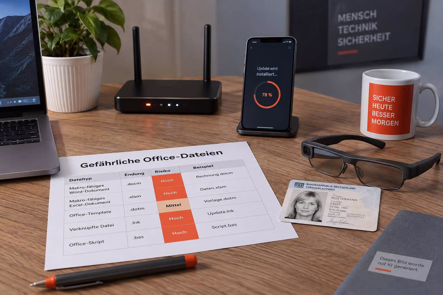 Arbeitsplatz mit Smartphone „Update wird installiert…“ (78%), WLAN-Router, gezeigter Tabelle zu Office-Dateien, Brille, Ausweis und Hinweisbecher; IT-Sicherheits-Update-Kontext.