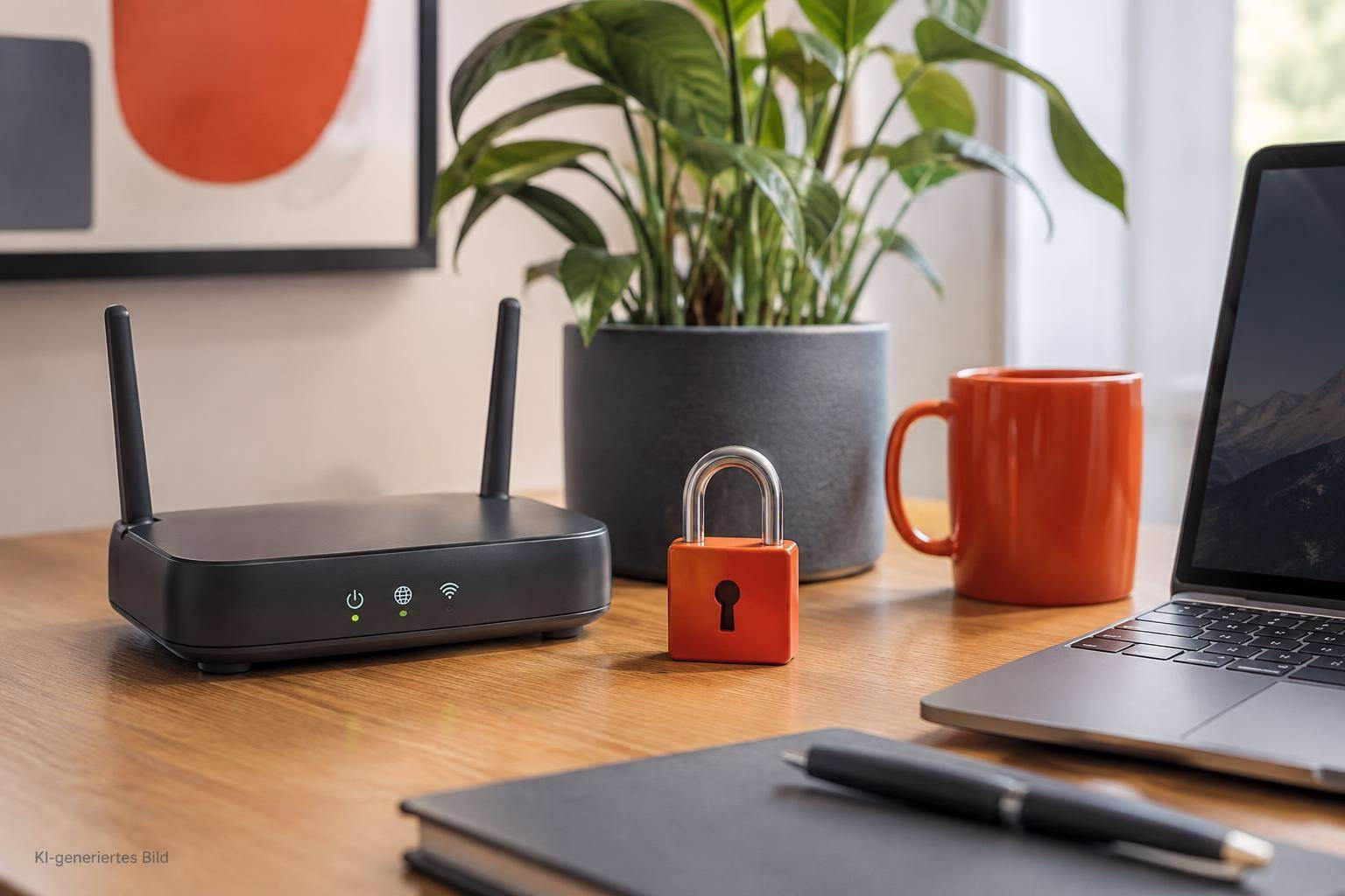 WLAN-Router und Laptop auf dem Tisch, daneben ein Vorhängeschloss als Symbol für gesicherte Internetverbindung und Datenschutz.