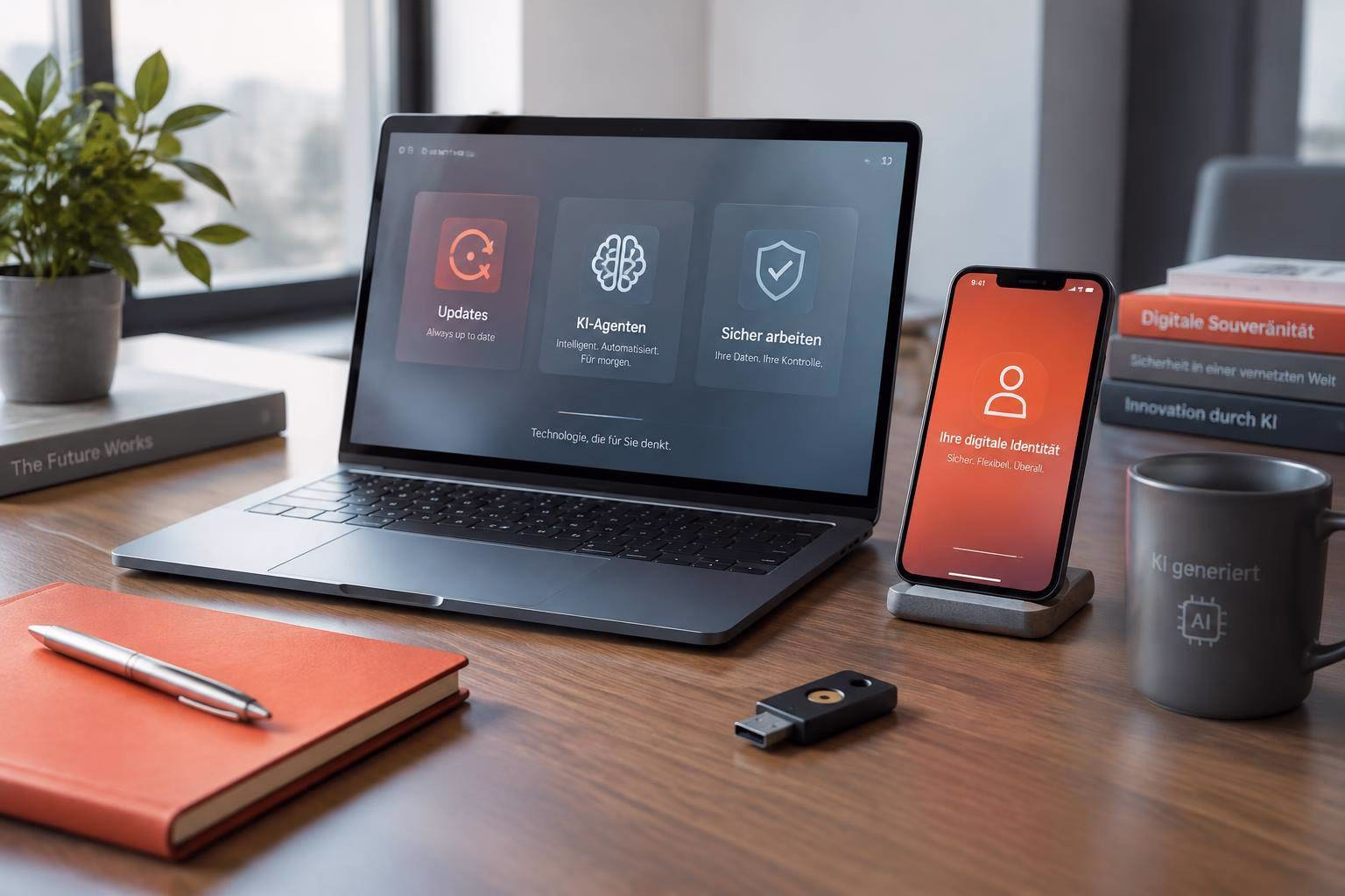 Laptop zeigt Technik-Updates mit KI- und Sicherheitssymbolen, daneben Smartphone und USB-Stick für digitale Informationsdarstellung.