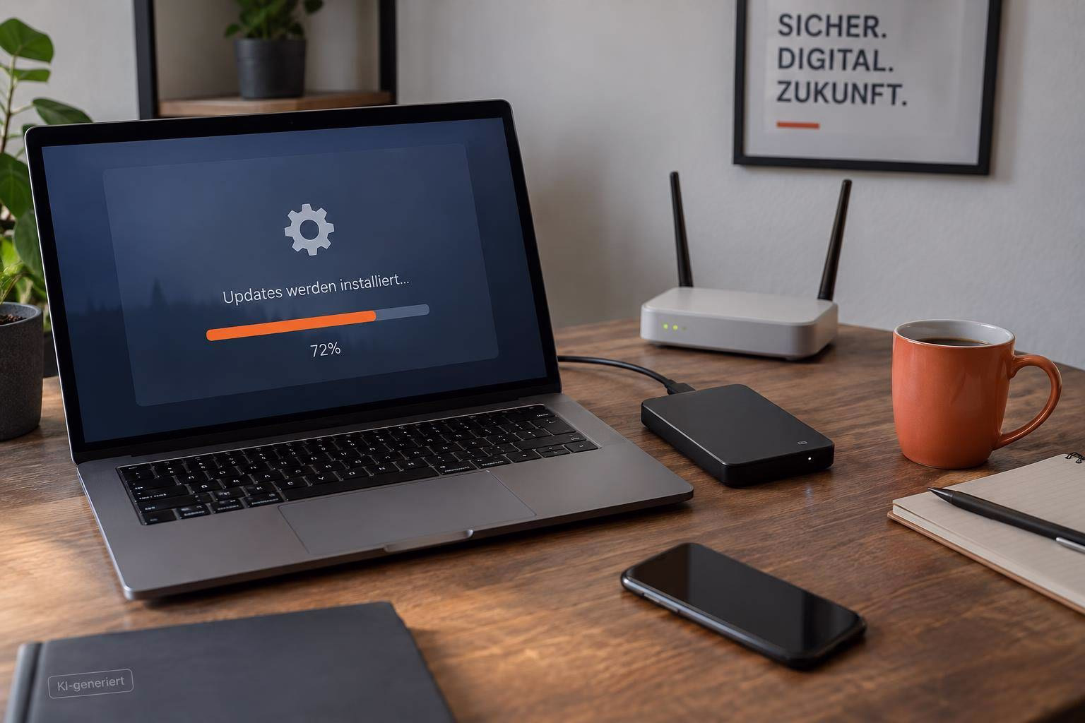 Laptop auf Schreibtisch zeigt Installationsfortschritt 72%, daneben Router, Smartphone und Kaffeetasse; Symbol für Updates und Systemwartung.