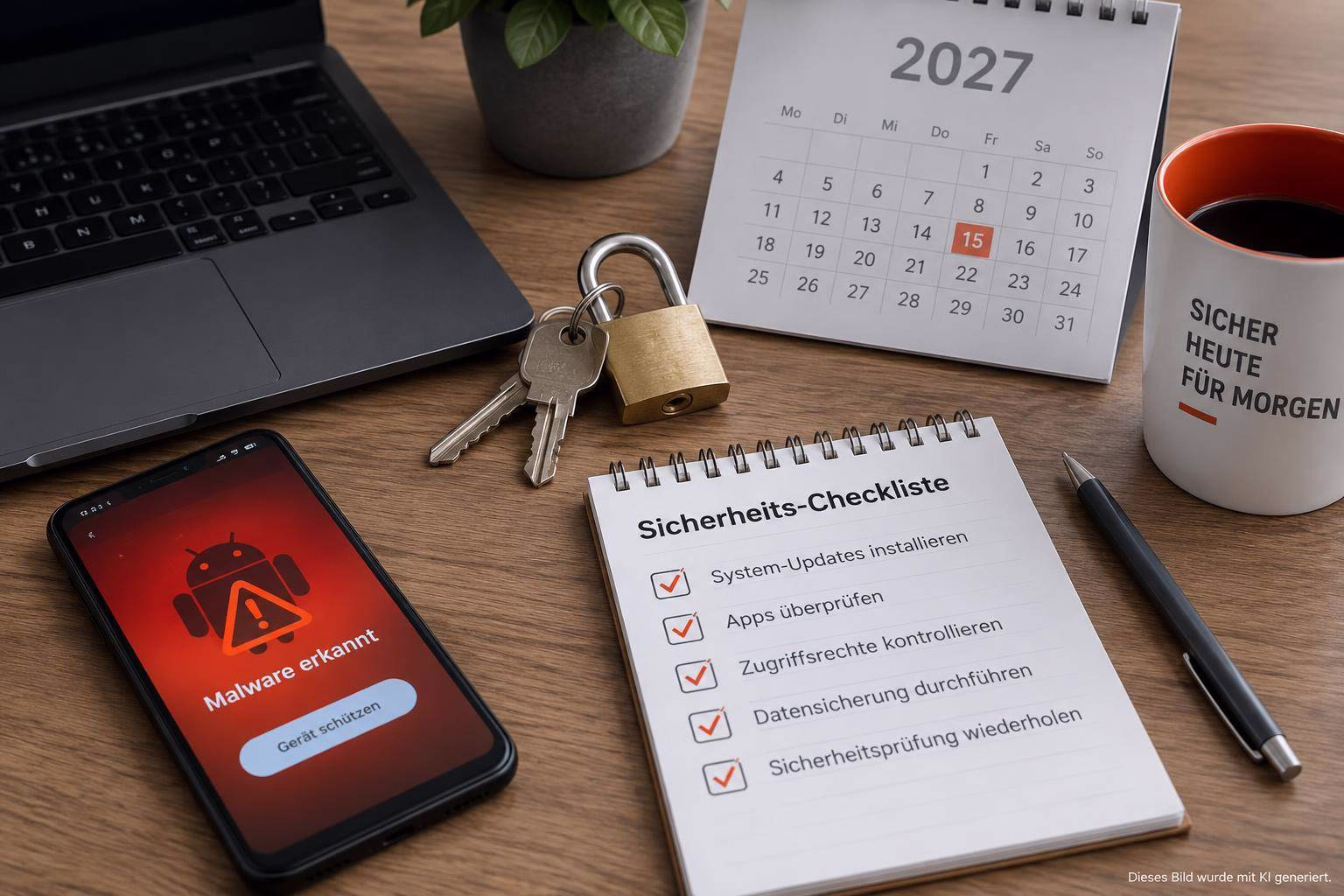 bild-kdb-techupdate Offenes Schloss mit Schlüsseln vor Kalender 2027 und Sicherheits-Checkliste; Smartphone mit Malware-Warnung zeigt den Fokus auf IT-Schutz.