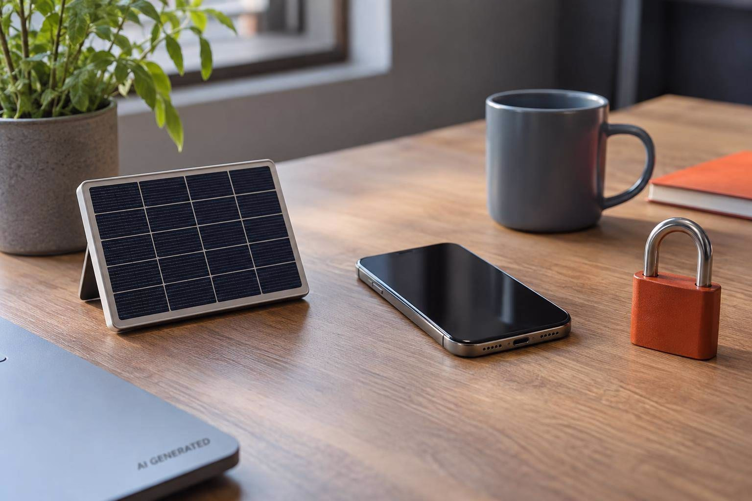 Solarmodul, Smartphone und Powerbank auf Holztisch; Tasse und Schloss zeigen mobilen Strom und Schutz für Technik im Alltag.