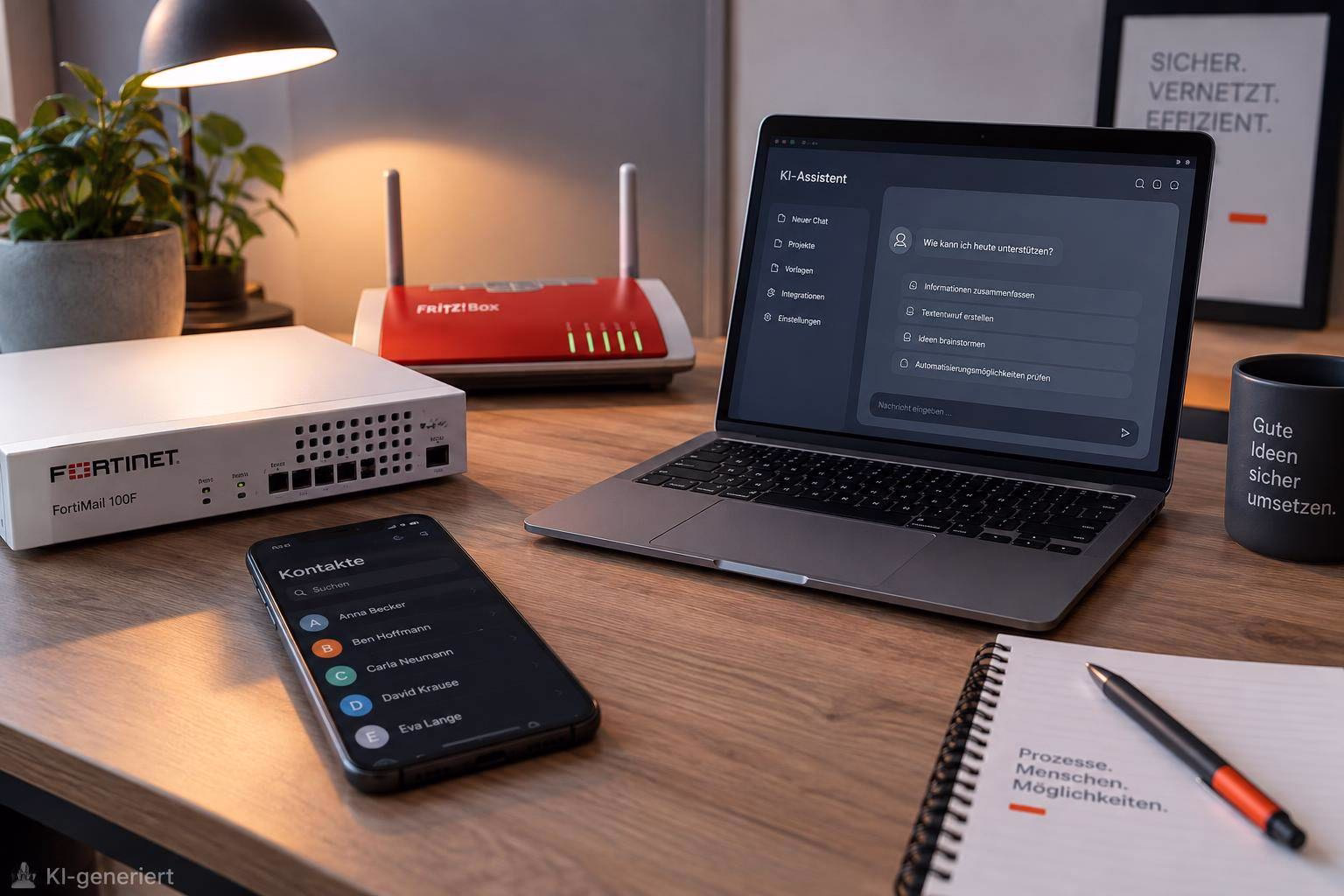 Laptopscreen mit KI-Assistent, daneben Router und Smartphone mit Kontaktliste; Arbeitsumgebung verdeutlicht vernetzte Kommunikation und Automatisierung.