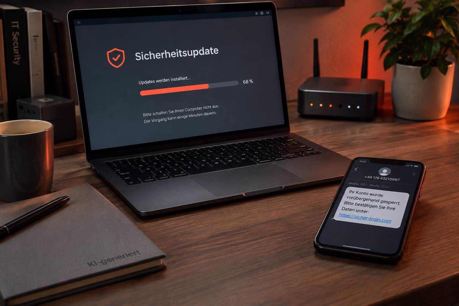 Laptop zeigt Fortschrittsbalken für Sicherheitsupdates, daneben liegt ein Smartphone mit Hinweis zum Kontozugriff, beide auf einem Schreibtisch.