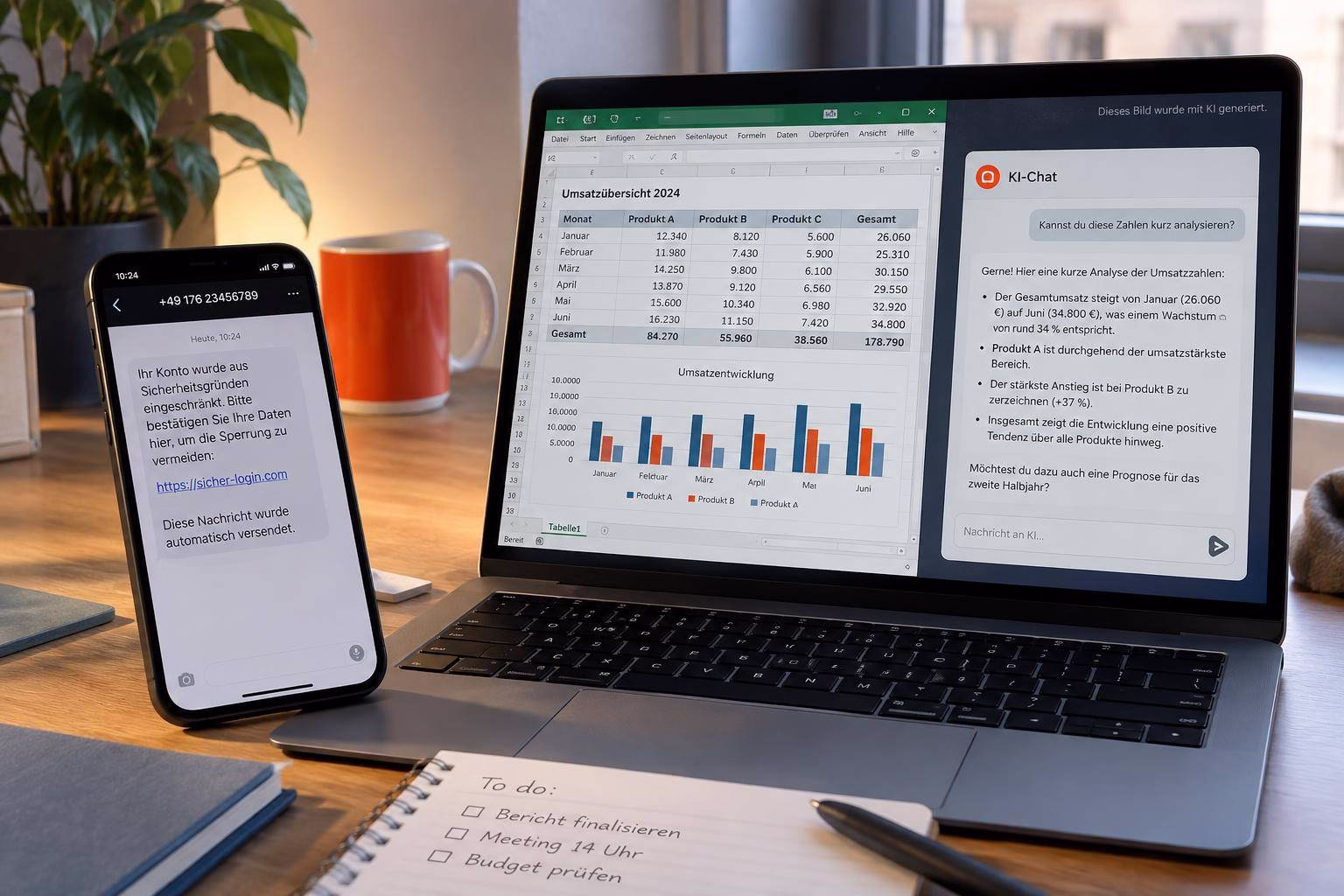 Laptop mit Tabelle und Balkendiagramm zur Umsatzübersicht; Smartphone zeigt eine Warnnachricht. Zweck: Analyse und Kommunikation von Geschäftszahlen.