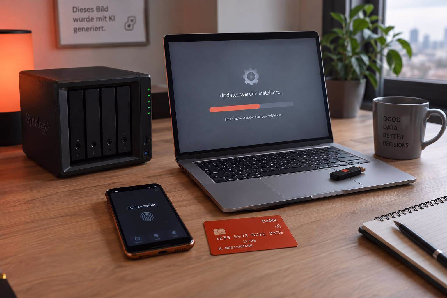 Laptop zeigt Installationsfortschritt für Updates, daneben NAS/Server und Smartphone mit Hinweis „Sich anmelden“, im Büroarrangement.