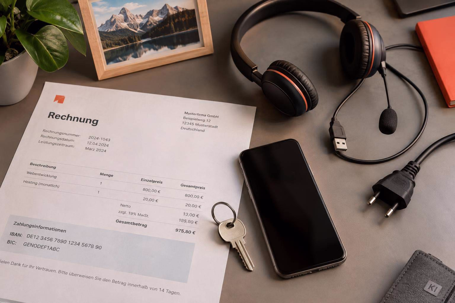 Rechnungspapier neben Smartphone, Kopfhörern und USB‑Kabel auf Schreibtisch; Darstellung von Zahlungsabwicklung und digitaler Kommunikation.