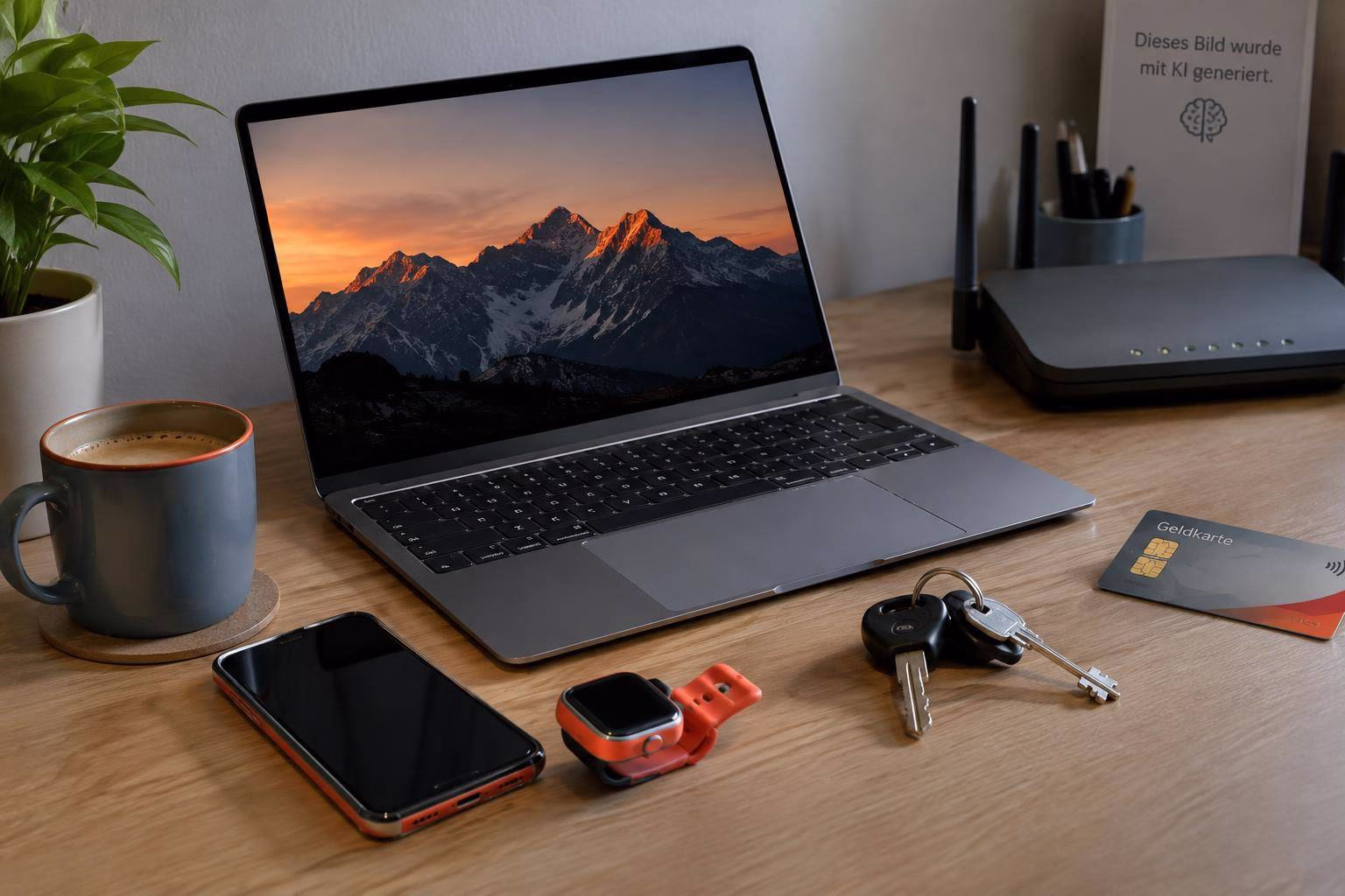 Laptop auf Holztisch mit Kaffeetasse, Smartphone, Smartwatch, Geldkarte und Schlüsseln; Tech-Setup bei Sonnenuntergangsbildschirm.