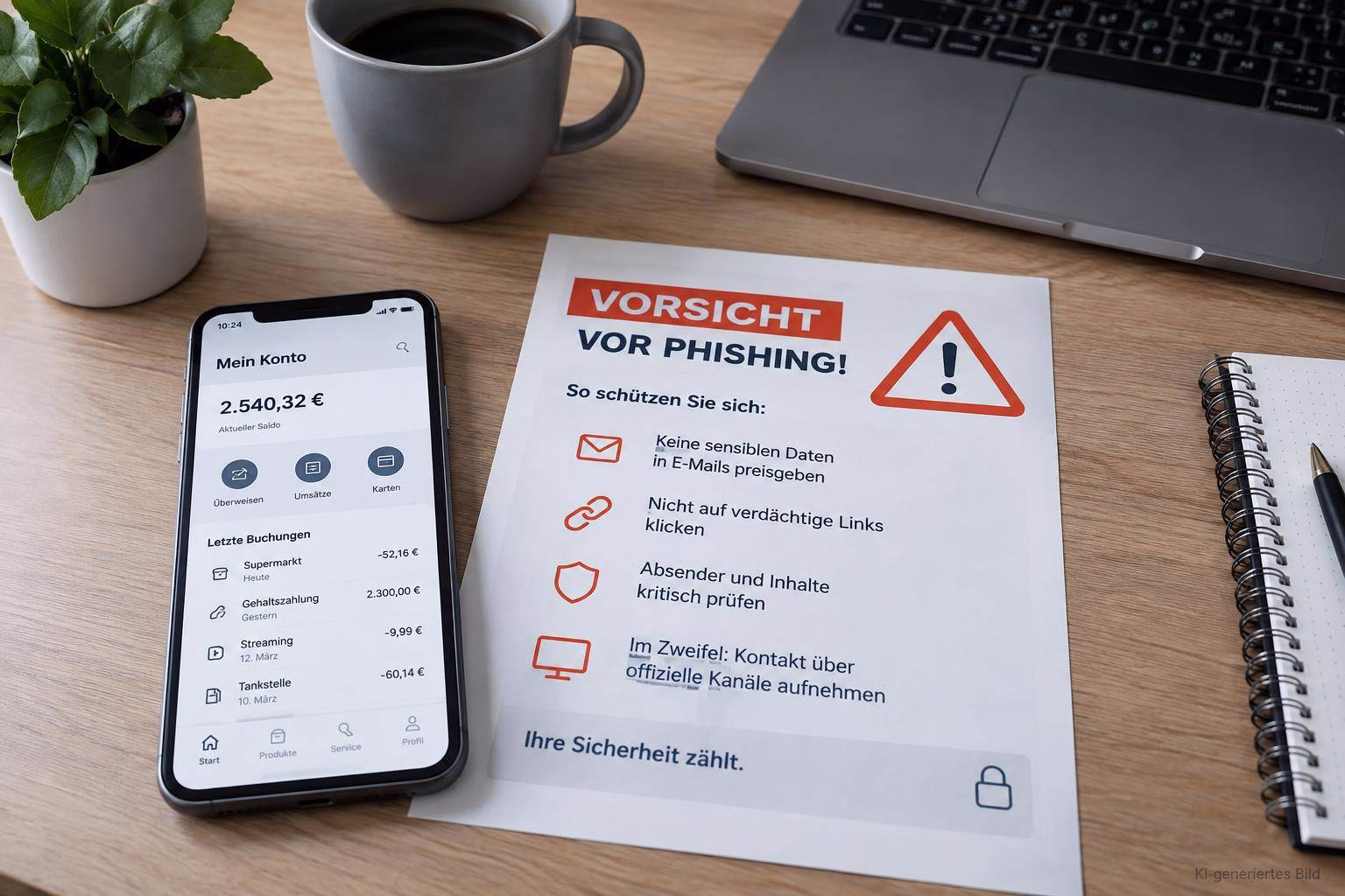 Handy mit Kontodaten und Warnzettel „Vorsicht vor Phishing“: Symbole und Hinweise zum Schutz vor Betrug per E-Mail und Links.
