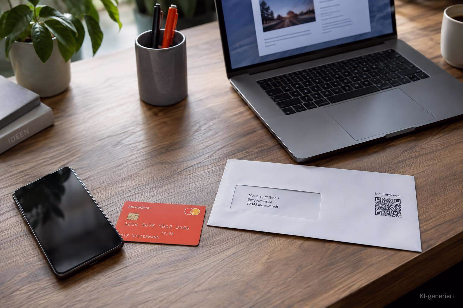 Arbeitsplatz mit Laptop, Smartphone, Stiften und Kreditkarte sowie Brief mit QR-Code zur schnellen Information.