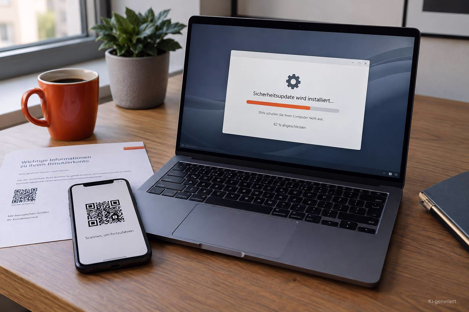 Laptop zeigt Installationshinweis „Sicherheitsupdate wird installiert“, während ein Smartphone einen QR-Code zum weiteren Vorgehen darstellt.