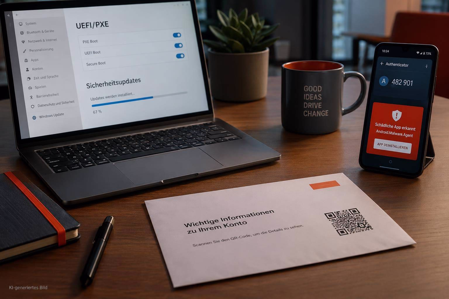 bild-kdb-techupdate Laptop mit Sicherheitsupdate-Status, daneben Smartphone mit Warnhinweis zu schädlicher App und QR-Code-Infozettel auf dem Tisch.
